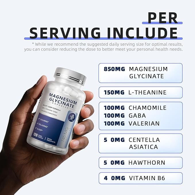 Magnesium Glycinate Supplement with L-Theanine, Chamomile & GABA – Supports Sleep, Calmness, Muscle Relaxation for Men & Women – Vegan, High-Absorption, 120 Capsules