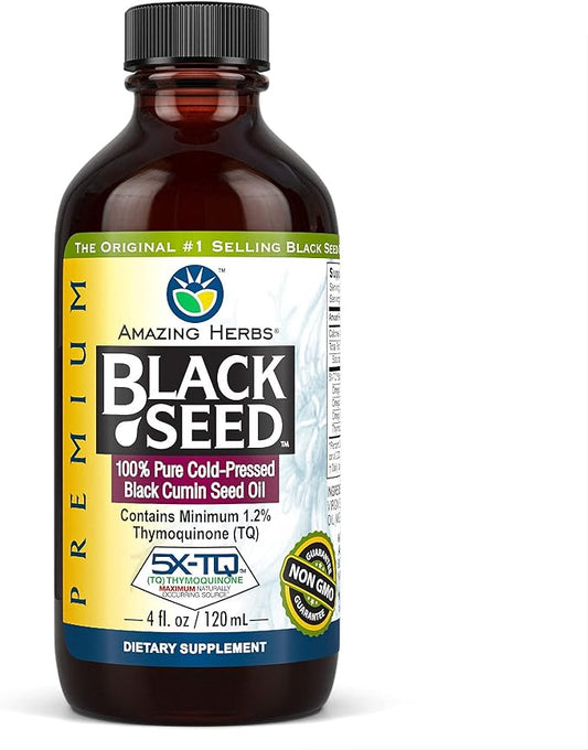 Amazing Herbs Premium Black Seed Oil - Cold Pressed Nigella Sativa Aids in Digestive Health, Immune Support, Brain Function, Joint Mobility, Gluten Free, Non GMO - 4 Fl Oz