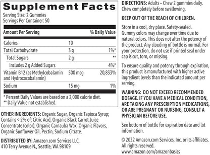 Amazon Basics Vitamin B12 500 mcg Gummies - Normal Energy Production and Metabolism, Immune System Support, Raspberry, 100 Count (2 per Serving) (Previously Solimo) (Pack of 2)