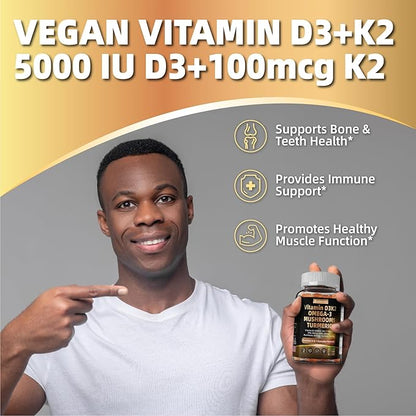 Vitamin D3 5000iu(125mcg) + Vitamin K2(MK7) Gummies with Algae Omega 3 | Maximum Strength Vitamin D3+K2 | for Bone, Teeth, Energy, Immune, Calcium Absorption - Vegan, Sugar Free,120Ct