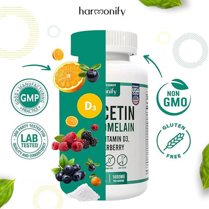 Quercetin with Bromelain, Immune Blend Supplements with Zinc Elderberry Vitamin C & D 5000 IU, Artemisinin, Irish Sea Moss, Echinacea, Garlic, Turmeric, Reishi and Ginger Powder, 1400 mg