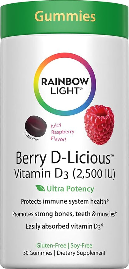Rainbow Light - Berry D-Licious 2,500 IU Vitamin D3 Gummy - Ultra Potency Vitamin D Supplement Supports Bone and Muscle Strength, Calcium Absorption, and Circulatory Health; Gluten-Free - 50 Count