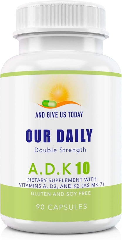 Our Daily Vites ADK 10 Double Strength (10,000 iu) Vitamins A1, D3 & K2 (as MK7) - Physician Formulated Bone & Immune System Support - Gluten Free, Non GMO - 180 Vegetarian Capsules