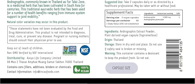 Incas Andrographis Capsules Max Andrographides - 1,000mg Serving Size (120 Capsules) - Clinically Studied for Immune System Health & Non GMO Verified by NSF