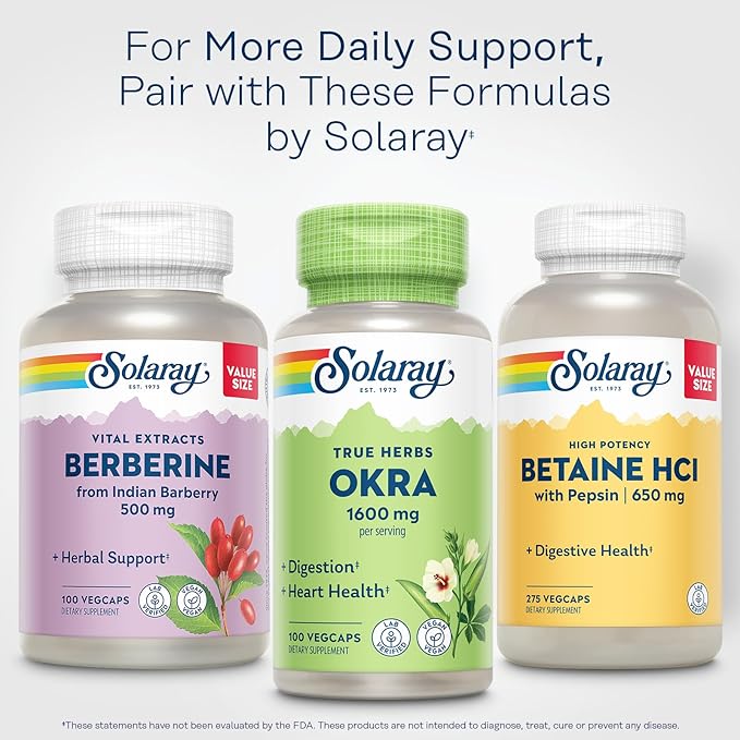 SOLARAY Okra Fruit 1600 mg - High Fiber Supplement for Wellness Support - Rich Source of Soluble Fiber - Equivalent of 6.4 g Fresh Okra per Serving, Vegan, 60-Day Guarantee - 25 Servings, 100 VegCaps
