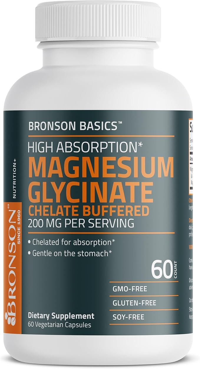 Bronson Magnesium Glycinate 200mg High Absorption Chelated Buffered Gentle On The Stomach Non-GMO, 60 Vegetarian Capsules