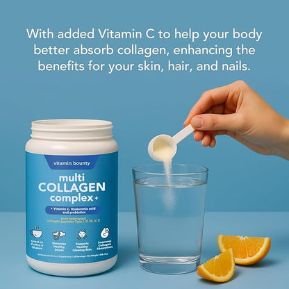 Vitamin Bounty Multi Collagen Complex Plus - 5 Types of Hydrolyzed Collagen Peptides for Women & Men w/Vitamin C, Hyaluronic Acid & Probiotics | Supports Skin, Hair, Joints & Gut Health | 28 Servings