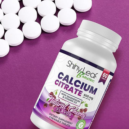 Shiny Leaf Bariatric Calcium Citrate Chews - 600mg, with Vitamin D 3 Plus Magnesium - Chewable Supplements for Women and Men, Bariatric Patients Vitamins for Bone and Joints Health, 240 Count, Cherry