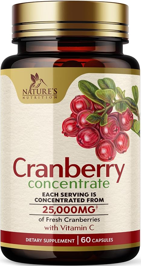Cranberry Concentrate Extract Supplement for Women & Men + Vitamin C - 25,000mg Formula for Urinary Tract Health Support, Non-GMO and Gluten Free, Cranberry Pills Supplement - 60 Capsules