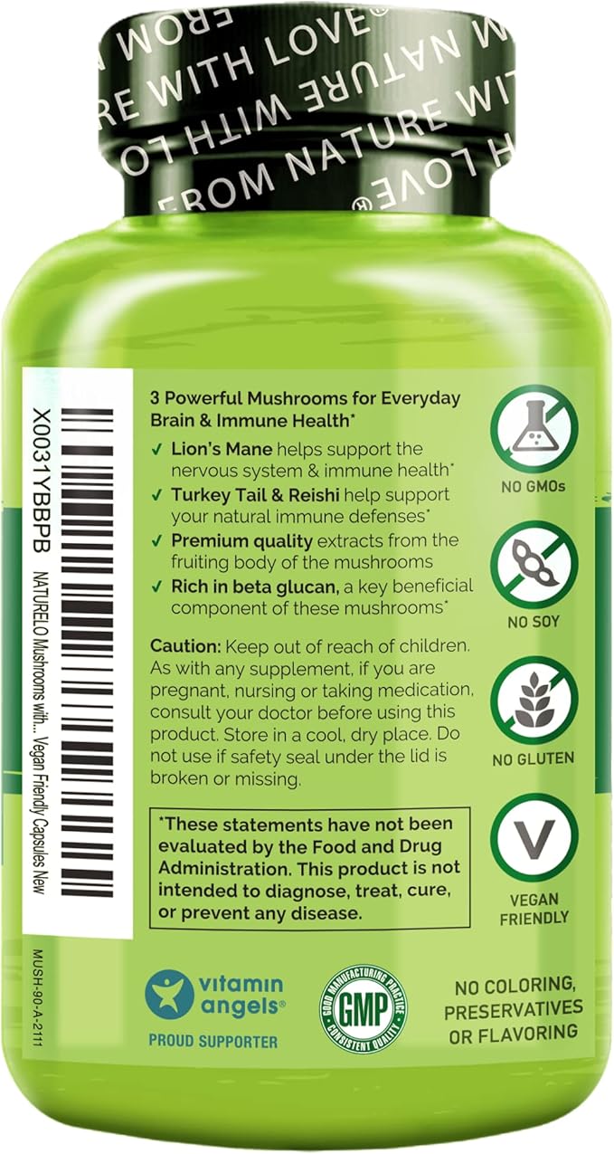NATURELO Mushroom Supplement – Brain & Immune Health Blend with Lion’s Mane, Reishi, Turkey Tail – 90 Vegan Friendly Capsules