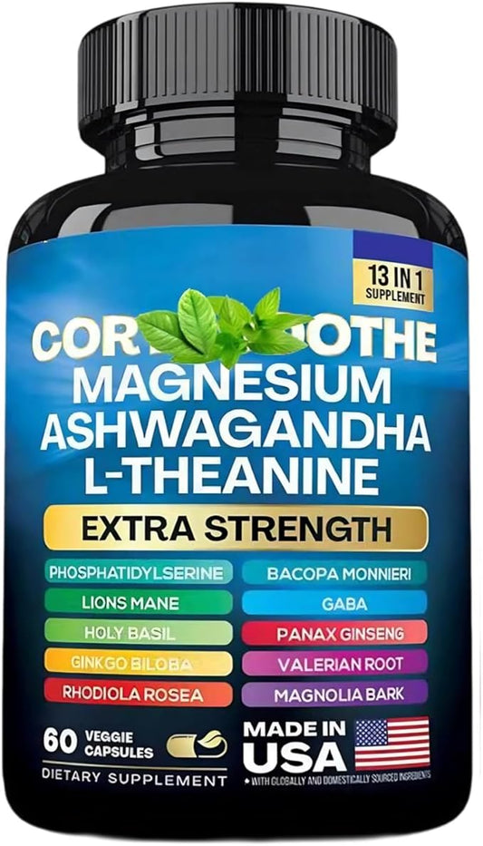 A 𝑪𝒐𝒓𝒕𝒊 𝑺𝒐𝒐𝒕𝒉𝒆 𝑪𝒐𝒓𝒕𝒊𝒔𝒐𝒍 𝑺𝒖𝒑𝒑𝒍𝒆𝒎𝒆𝒏𝒕—Magnesium, L - Theanine & Ashwagandha Blend for Relaxed Mood, Sound Sleep and Enhanced Concentration-1 Pack