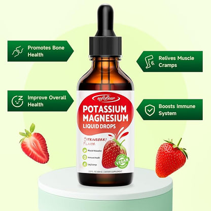 softbear 2 Pack Calcium Potassium Magnesium Liquid Drops, High Absorption Calcium Magnesium Potassium Supplement Support Bone & Muscle Health Liquid Magnesium Drops Strawberry Flavor 4 Fl Oz
