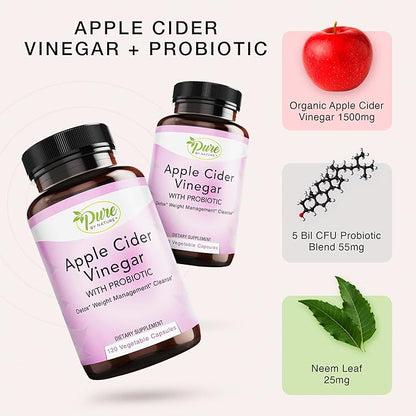 Pure By Nature Apple Cider Vinegar + Probiotic for Women & Men, Raw Apple Cider Vinegar Pills for Weight Management Support & Cleanse Support (120 Capsules)