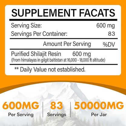 Shilajit Resin, Shilajit for Men & Women, Shilajit Pure Himalayan Organic - 600mg Potency Gold Grade, with 85+ Trace Minerals, Fulvic & Humic Acid, for Stamina, Immunity & Strength, 83 Servings (50g)
