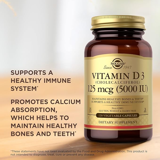 SOLGAR Vitamin D3 (Cholecalciferol) 125 mcg (5000 IU) - 120 Vegetable Capsules - Non-GMO, Gluten Free, Dairy Free, Kosher - 120 Servings
