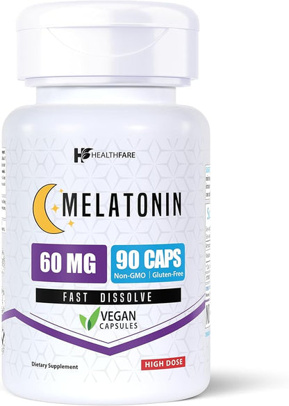 Melatonin 60mg | 90 Veg Capsules | Gluten-Free | Non-GMO | Unflavored | Made in USA