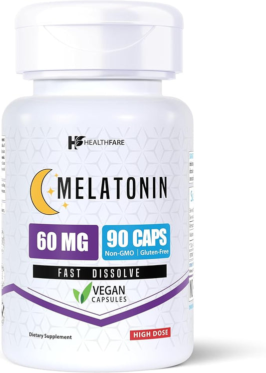 Melatonin 60mg | 90 Veg Capsules | Gluten-Free | Non-GMO | Unflavored | Made in USA