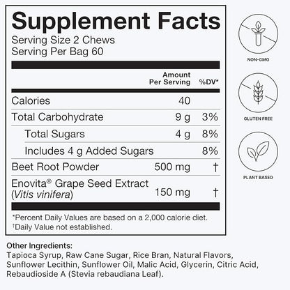 HumanN SuperBeets Heart Chews, Nitric Oxide and Blood Pressure Support, Grape Seed Extract & Non-GMO Beet Root Powder Energy, Pomegranate Berry Flavor, 120 Count