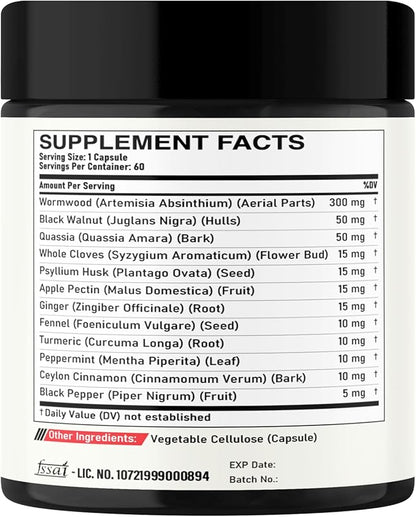 12in1 Wormwood Capsules Black Walnut Cloves, Ginger, Turmeric Curcumin & Black Pepper - Support Digestion Health, Immune System - 60 Capsules