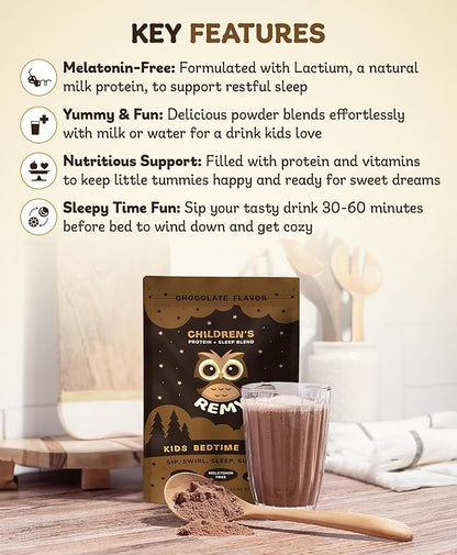 Remy Kids Protein Sleep Aid Supplements, Melatonin-Free Formula, Lactium®, L Theanine, VIT D, B6, Calcium & Herbal Extracts Sleep Aid for Kids, Balanced Nutritional Drink, Non GMO & Preservatives