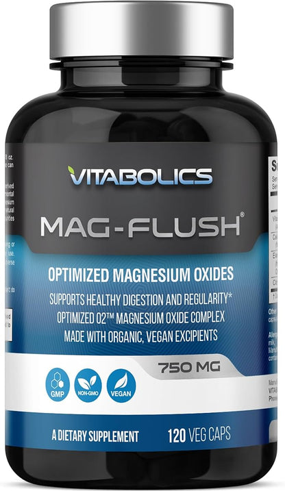 Mag Flush Magnesium Oxide Capsules 750mg 120 Vcaps - Oxygenated Magnesium Oxide Supplement for Constipation Relief, Colon Cleanse, Laxative and Digestion Support for Women and Men