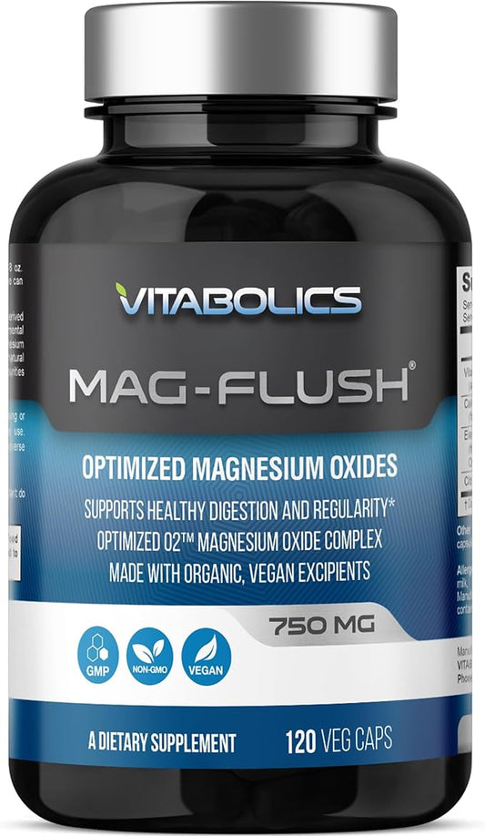 Mag Flush Magnesium Oxide Capsules 750mg 120 Vcaps - Oxygenated Magnesium Oxide Supplement for Constipation Relief, Colon Cleanse, Laxative and Digestion Support for Women and Men