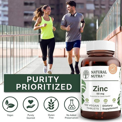 Natural Nutra Zinc Gluconate 50mg Supplement for Immune Support, Promotes Skin Health, Provides Ease From Flu & Cold, Boost Learning & Memory, Enhance Taste & Smell, Gluten Free 50mg 100 Vegan Tablets