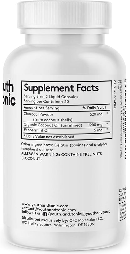 Youth & Tonic Activated Charcoal Pills for Bloating and Gas Relief to Soothe The Stomach and Digestive System Detox with Peppermint & Organic Coconut Oil, for Men & Women - 60 Liquid Capsules