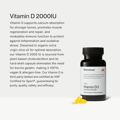 Momentous Vitamin D3 Supplement - 2000 IU Capsules for Foundational Health Support - NSF Certified, Gluten Free, 60 Servings