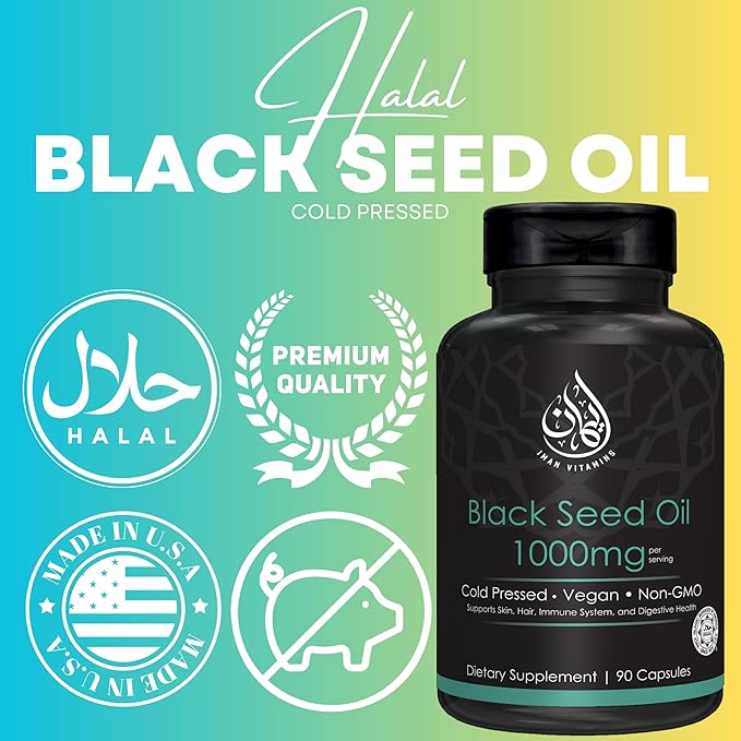 Halal Natural Black Seed Oil Capsules 1000mg Cold Pressed, Vegan, Non-GMO Nigella Sativa Capsules, Gluten Free Pills | 90 Count, 1000mg PS