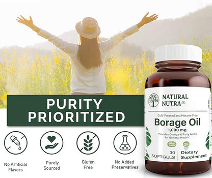 Natural Nutra Borage Oil, Maintain Skin Health, Support Heart Health, Improves Nerve Health, Help Reduce Pimple, Help Overcome Joint Pain, Omega 6 Essential Fatty Acids Supplement 30 Soft gels.