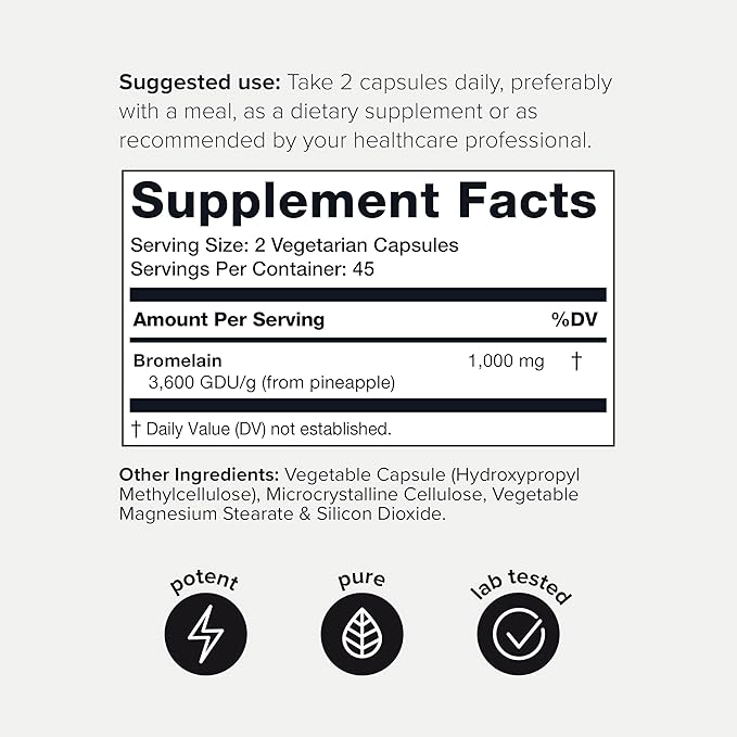 Ultra High Strength Bromelain 1000mg - 3600 GDU/Gram - Highly Concentrated and Bioavailable - Third-Party Tested Formula - 90 Vegetarian Capsules - 45 Servings Per Container - Bromelain Supplement