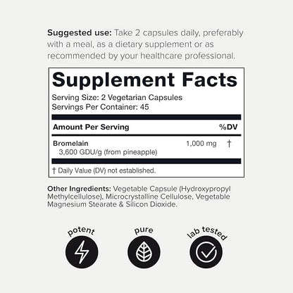 Ultra High Strength Bromelain 1000mg - 3600 GDU/Gram - Highly Concentrated and Bioavailable - Third-Party Tested Formula - 90 Vegetarian Capsules - 45 Servings Per Container - Bromelain Supplement