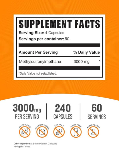 BulkSupplements.com MSM Capsules - Methylsulfonylmethane, MSM Supplement Capsules - MSM Pure Capsules, MSM 3000mg - Joints Supplements, 3 Capsules per Serving, 60-Day Supply, 240 Capsules