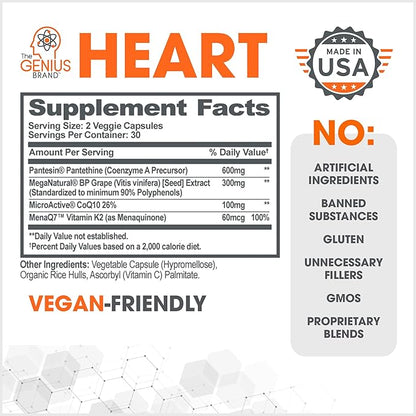 The Genius Brand - Genius Heart, 60 Veggie Pills - Natural Support Supplement May Help Cholesterol Levels and May Help Improve Healthy Blood Pressure - Grape Seed Extract, Vitamin K2 & CoQ10