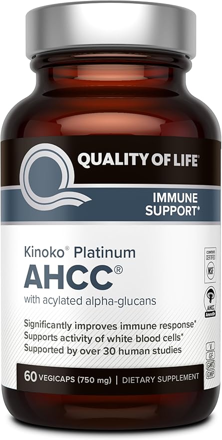 Quality of Life Premium Kinoko Platinum AHCC Herbal Supplement, 750mg of AHCC per Capsule, for Immune Support, Liver Function, Maintains Natural Killer Cell Activity, 1 Pack, 60 Veggie Capsules