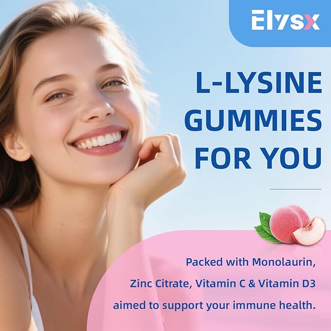 L-Lysine Gummies 1000mg, Sugar-Free Chewable Lysine with Monolaurin Supplement for Adults & Kids, Lips & Oral Health, Immune & Overall Health, Natural Peach Flavor, 60 Count