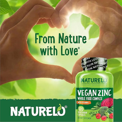 NATURELO Vegan Zinc Immune Support Capsules - Whole Food Complex with Vitamin C for Healthy Skin, Hair, and Nails - 120 Capsules