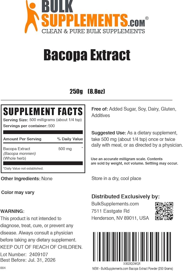 BulkSupplements.com Bacopa Extract Powder - Bacopa Monnieri Supplement, Herbal Supplement - Vegan & Gluten Free, 500mg per Serving, 250g (8.8 oz) (Pack of 1)