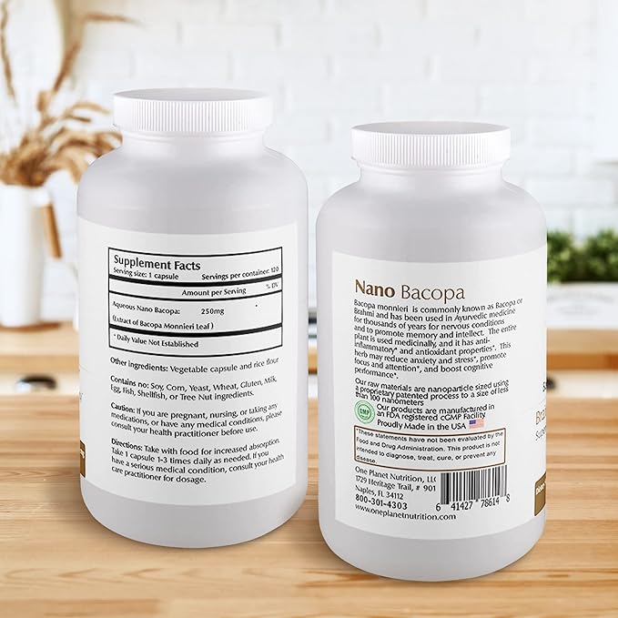 Nano Bacopa 250 mg Veggie Capsules (120 Servings), Bacopa monnieri Extract, Nano for Easy Absorption, Enhances Memory & Focus, Non-GMO, Vegan, Gluten-Free