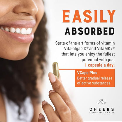 CHEERS - Vitamin D3 (a Natural Form of Vitamin D) & Vitamin K2 Food Supplement for Adults, 133% Daily Intake VIT K2 – 2000 IU Vitamin D in 1 Capsule Gluten-Free - for Men and Women