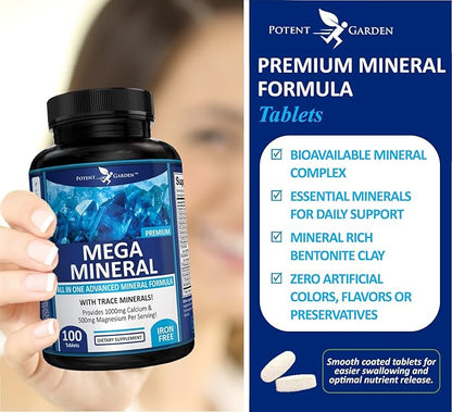 Potent Garden Mega Mineral Supplement Complete Mineral Complex with Calcium Magnesium Zinc Potassium Boron Selenium Chromium & 72 Trace Minerals Iron Free Calcium Supplement -100 Pills