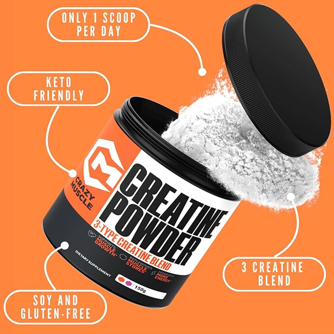Crazy Muscle Creatine Monohydrate Powder, 5000mg Premium 3X ThreeAtine Pre Workout Mass Gainer, High Absorption Easy to Take Powder Optimum Performance for Men & Women, 30 Servings