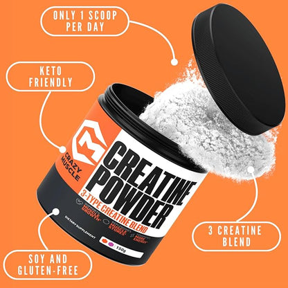 Crazy Muscle Creatine Monohydrate Powder, 5000mg Premium 3X ThreeAtine Pre Workout Mass Gainer, High Absorption Easy to Take Powder Optimum Performance for Men & Women, 30 Servings