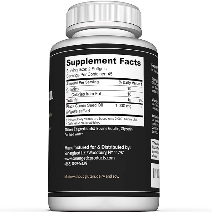 Sunergetic Premium Black Cumin Seed Oil Softgels – 1,000mg of Black Seed Oil Per Serving – Non GMO Cold Pressed Nigella Sativa – Includes Thymoquinone & Omega’s - 90 Softgels