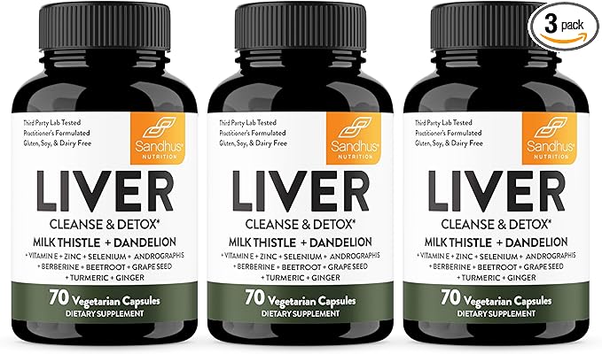 Sandhu's Liver Renew Cleanse Detox, Repair & Support | 70 Capsules (Pack of 3) | Herbal Supplement for Liver Health | Milk Thistle Dandelion Root Andrographis with 8 Minerals