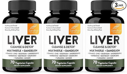 Sandhu's Liver Renew Cleanse Detox, Repair & Support | 70 Capsules (Pack of 3) | Herbal Supplement for Liver Health | Milk Thistle Dandelion Root Andrographis with 8 Minerals