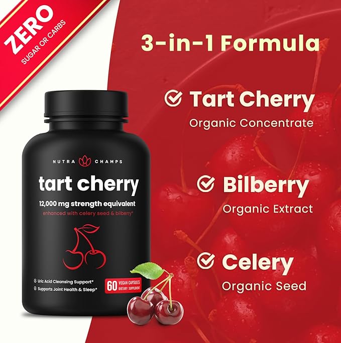 NutraChamps Organic Tart Cherry Extract Capsules 12,000mg - Made from Montmorency Tart Cherry Concentrate, Celery Seed & Bilberry - Uric Acid Cleanse & Joint Support - Vegan Tart Cherry Capsules