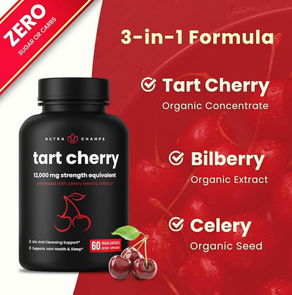 NutraChamps Organic Tart Cherry Extract Capsules 12,000mg - Made from Montmorency Tart Cherry Concentrate, Celery Seed & Bilberry - Uric Acid Cleanse & Joint Support - Vegan Tart Cherry Capsules