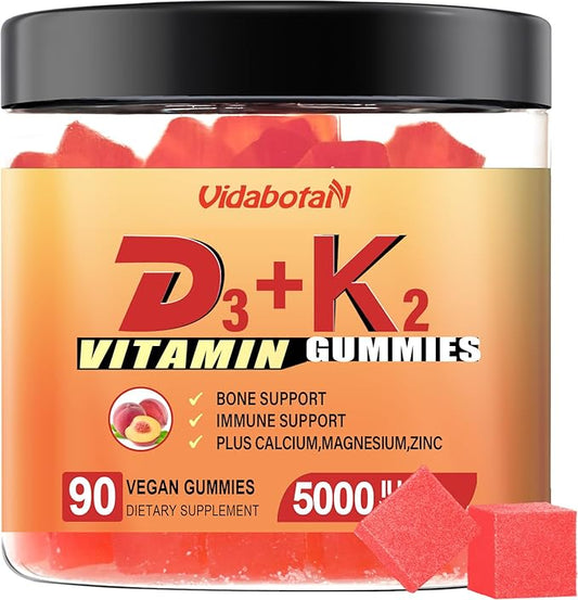 Sugar Free Vitamin D3 K2 Gummies, Vitamin D3 5000IU & Vitamin K2(MK7) 120mcg with Calcium, Magnesium and Zinc for Bone, Teeth, Muscle, Natural Peach Flavor, Vegan, 90 chewable Gummies